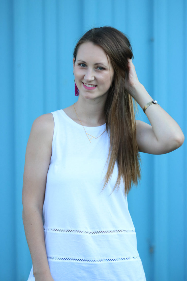 for the love of glitter, white tank, sarra cuff, tassel earrings, women's fashion