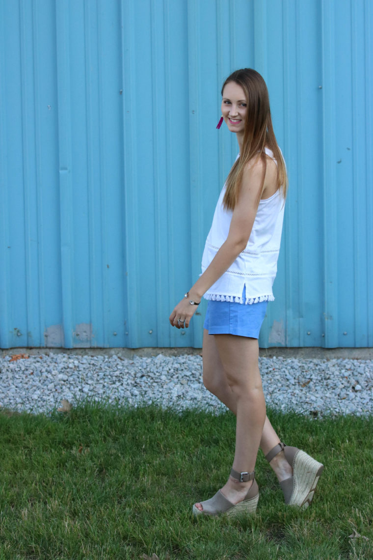 for the love of glitter, blue shorts, Marc Fisher wedges, summer style