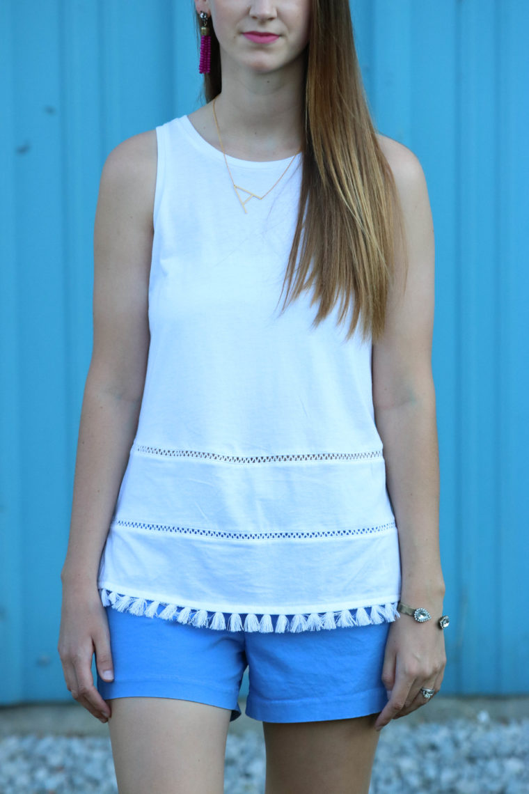 for the love of glitter, tassel top, blue shorts, summer style