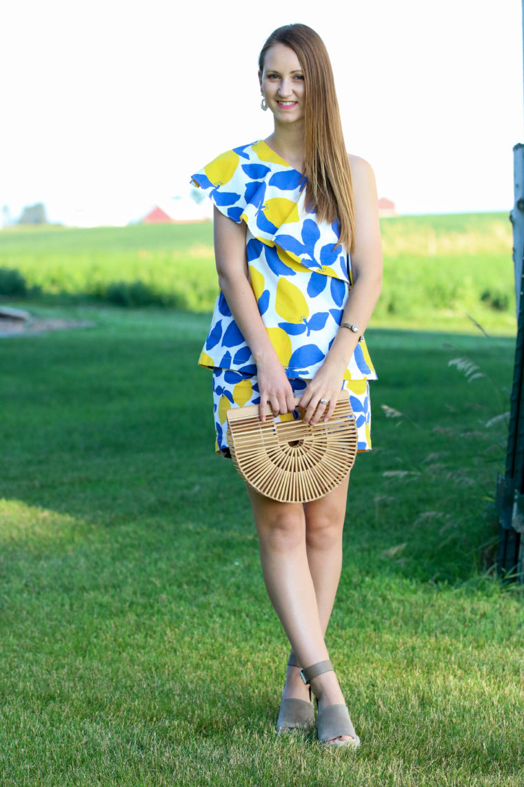 for the love of glitter, lemon shorts, lemon top, off the shoulder top, summer style