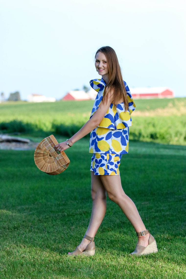 for the love of glitter, lemon outfit, lemon top, lemon shorts, Cult Gaia bag