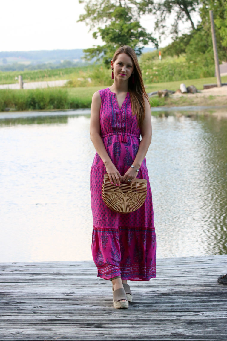for the love of glitter, maxi dress, summer style, bamboo clutch
