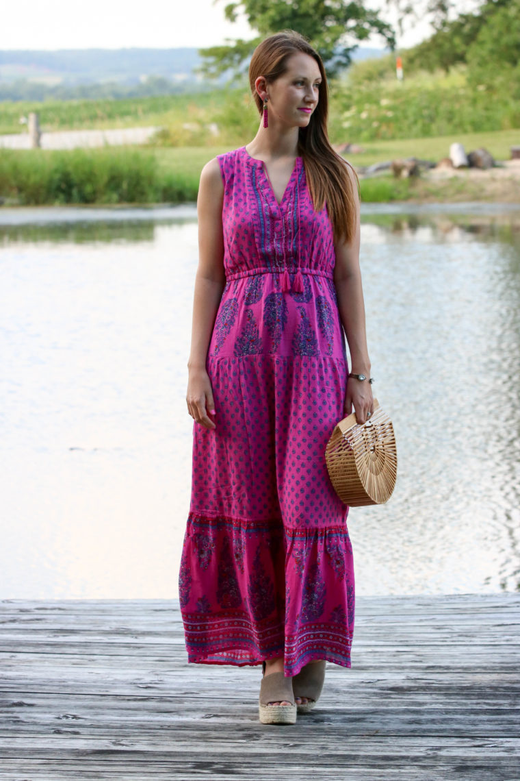 for the love of glitter, tiered maxi dress, summer style, bamboo bag