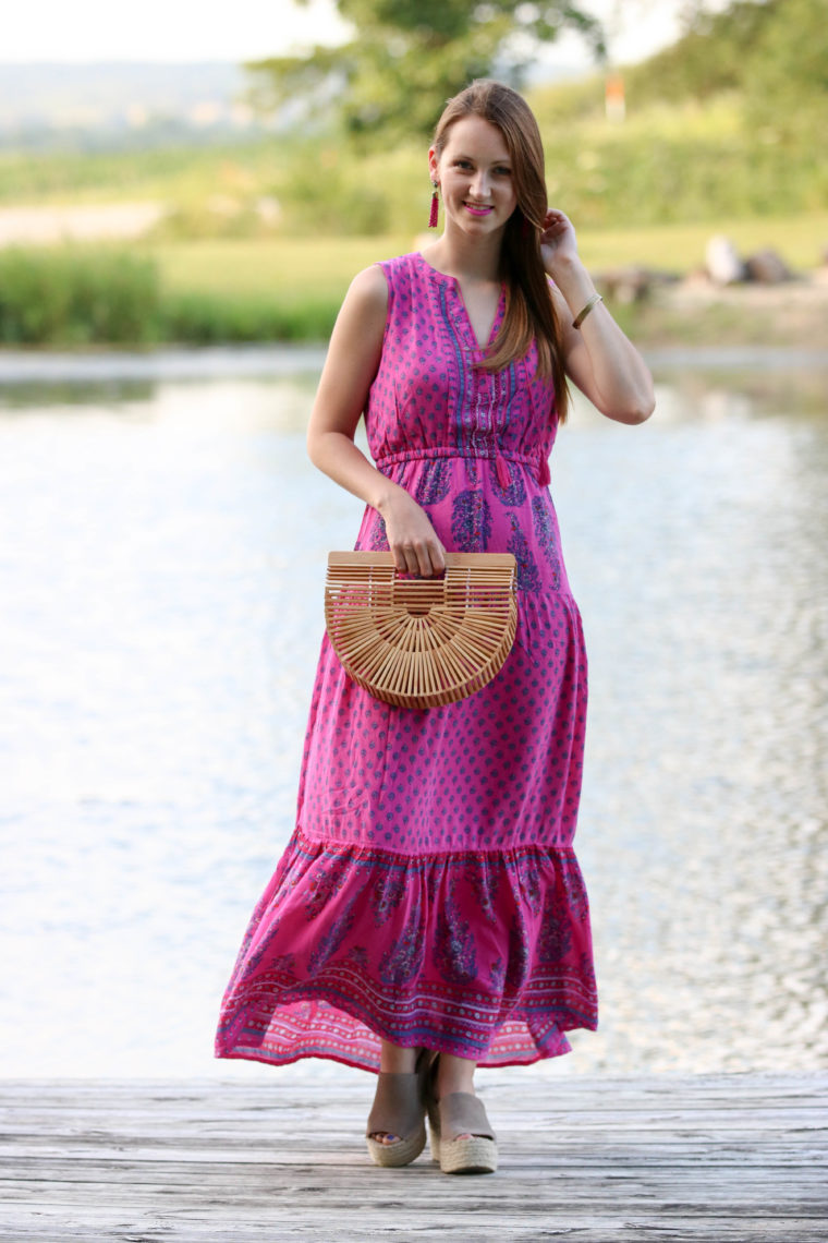 for the love of glitter, tiered maxi dress, summer style, bamboo clutch