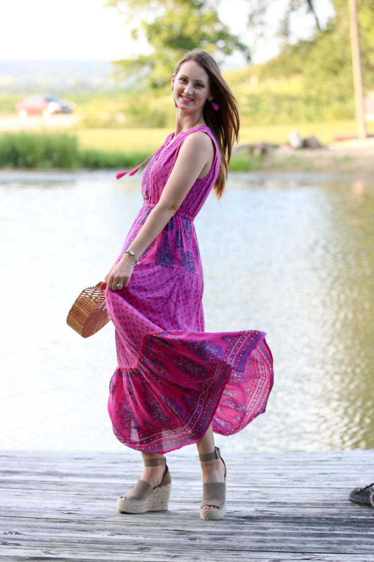 for the love of glitter, tiered maxi dress, summer style, bamboo clutch