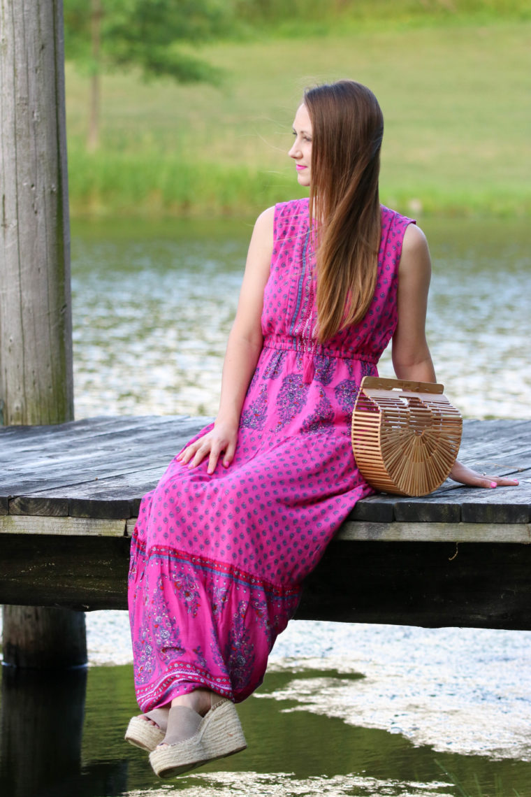 for the love of glitter, maxi dress, Marc Fisher wedges, summer style, bamboo clutch