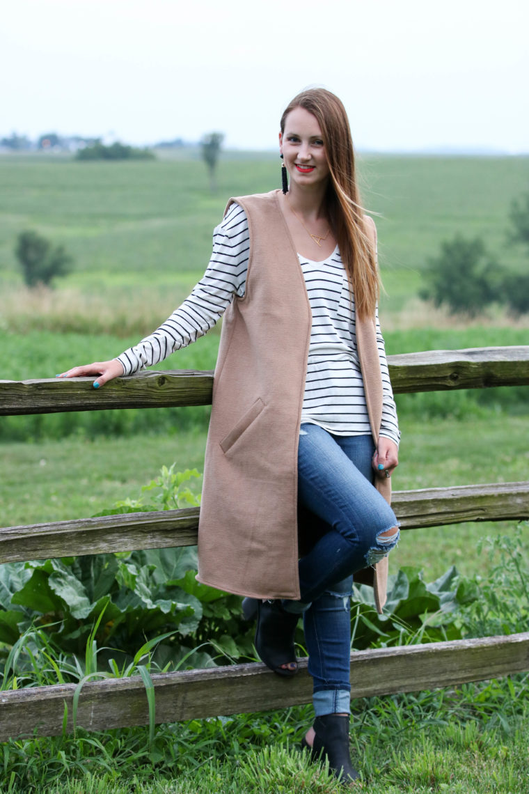 for the love of glitter, stripe long sleeve, camel vest, fall style