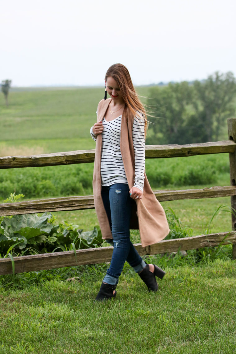 for the love of glitter, long vest, stripe tee, fall style, black booties