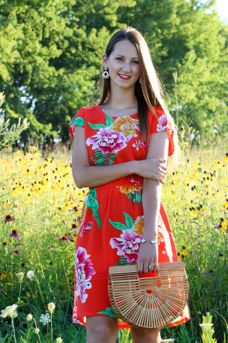 for the love of glitter, floral dress, bamboo bag, summer style, flower field, women's fashion