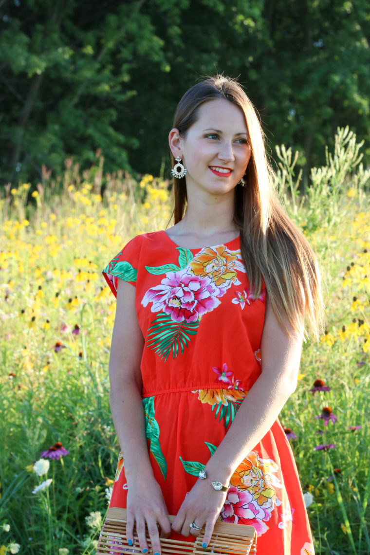 for the love of glitter, orange dress, summer style, bamboo bag