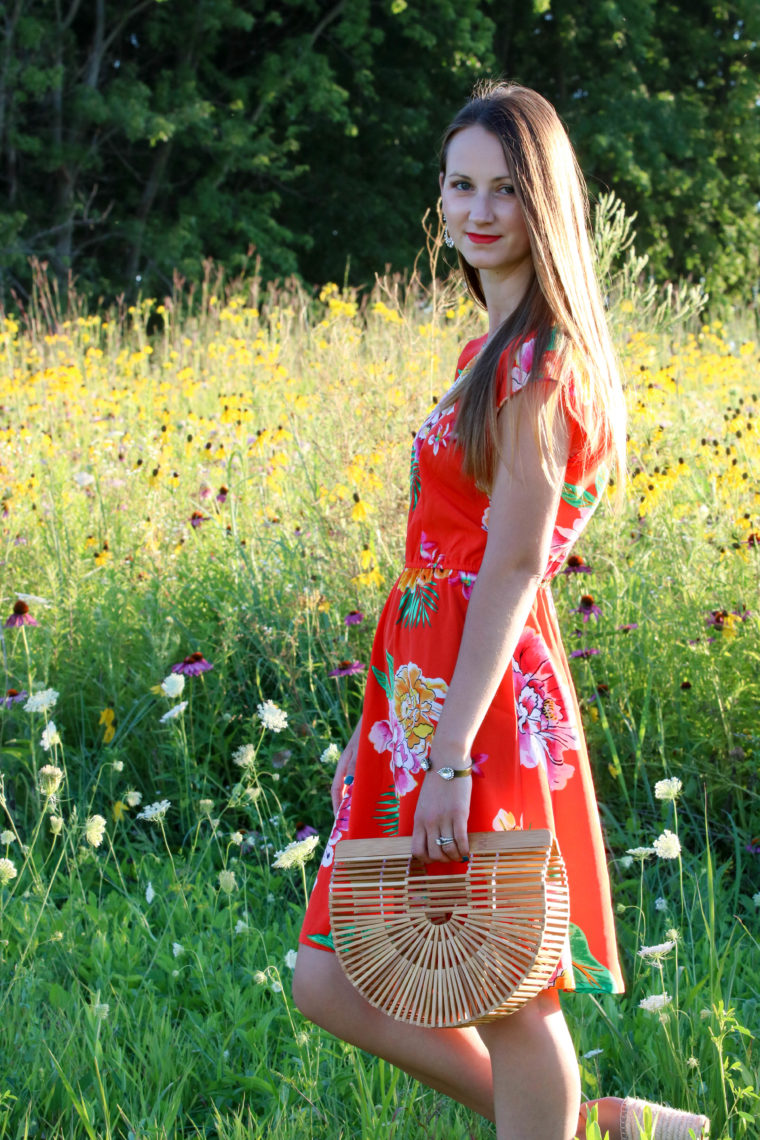 for the love of glitter, floral dress, Cult Gaia bag, summer style