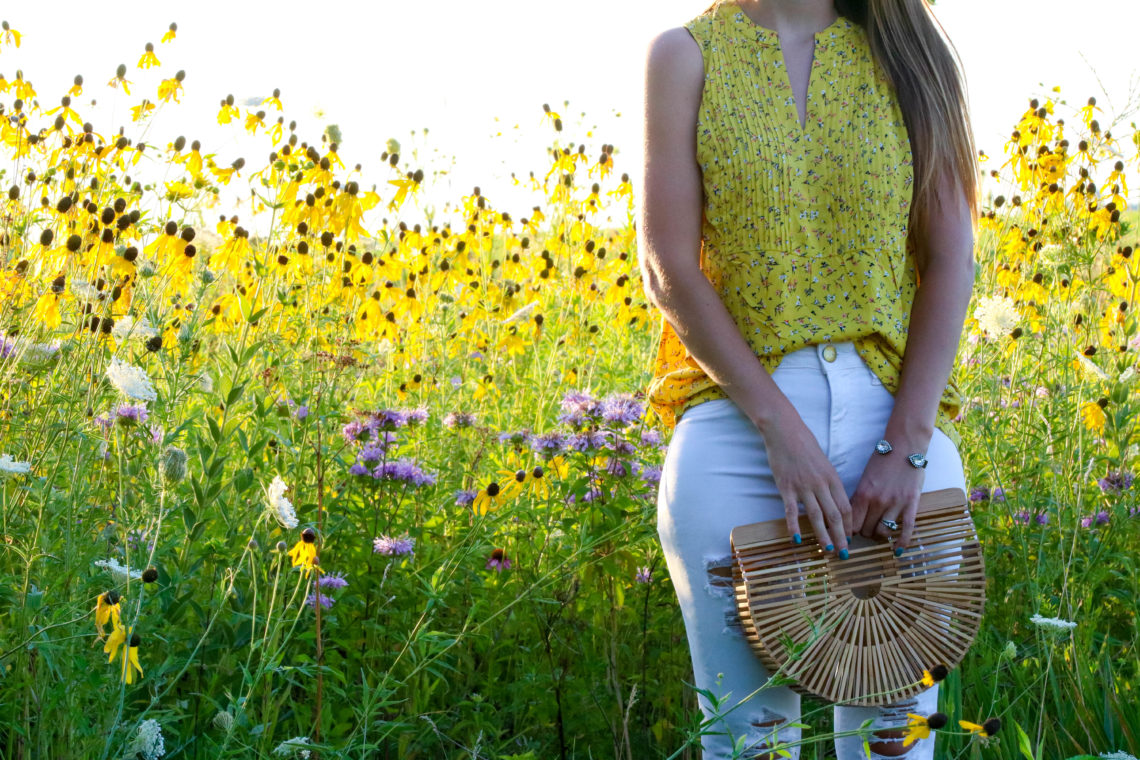 for the love of glitter, wild flower field, yellow tank, summer style