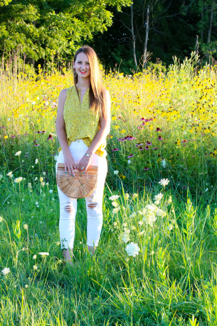 for the love of glitter, v-neck tank, floral top, bamboo bag