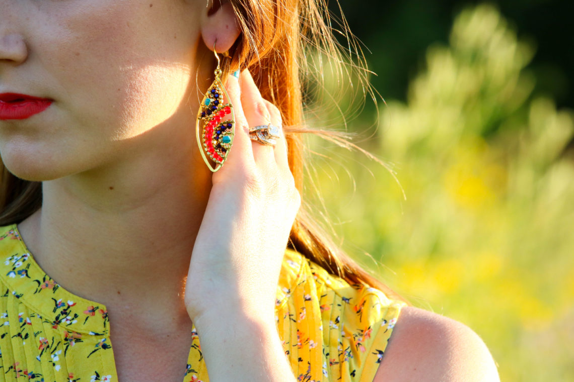 for the love of glitter, yellow top, summer style, statement earrings