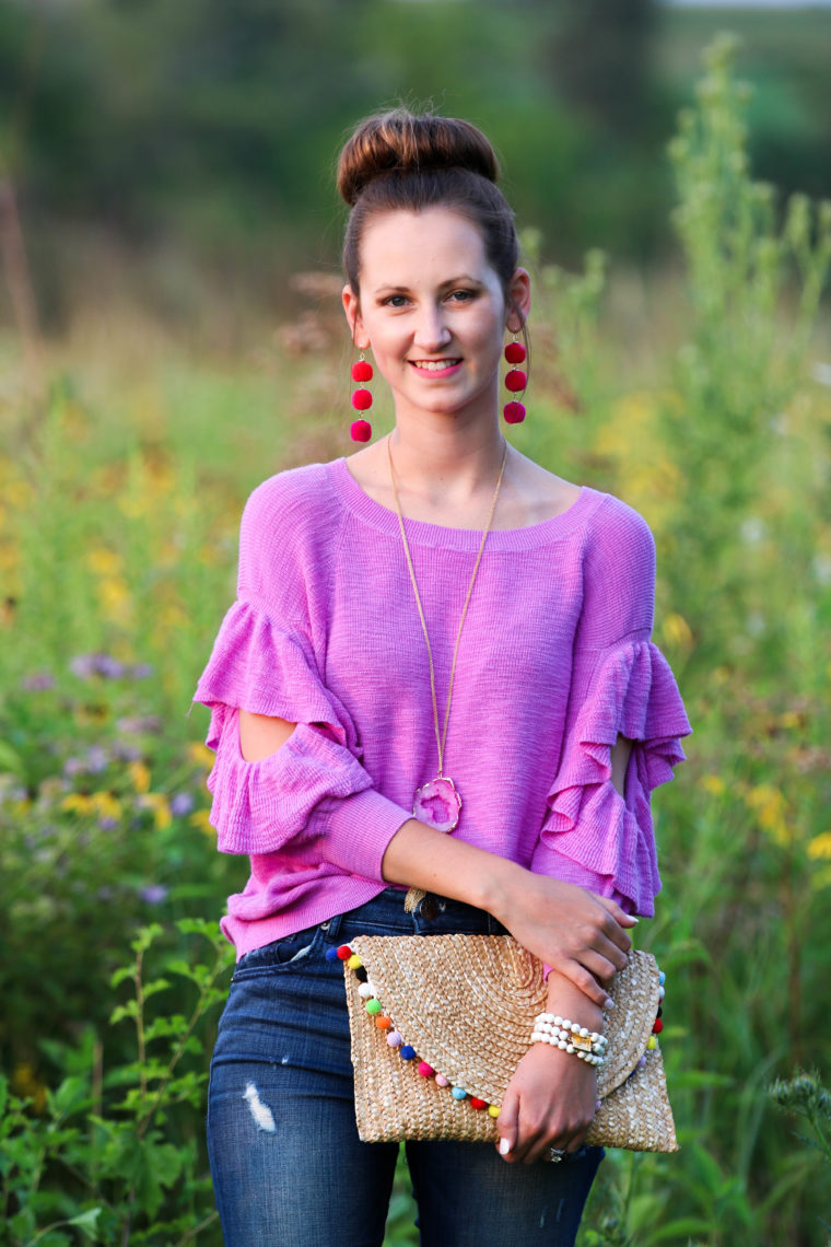 for the love of glitter, magenta sweater, ruffle sweater, fall style