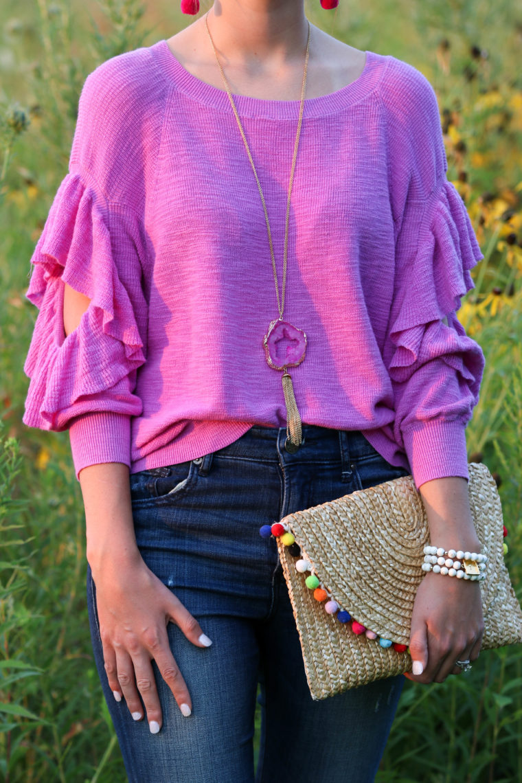 for the love of glitter, ruffle sweater, druzy necklace, pom pom clutch