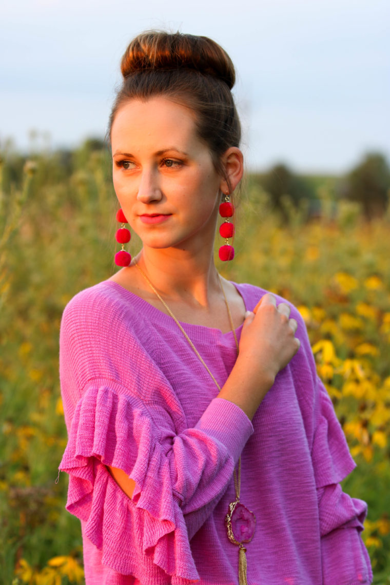 for the love of glitter, pom pom earrings, ruffle sweater, fall style