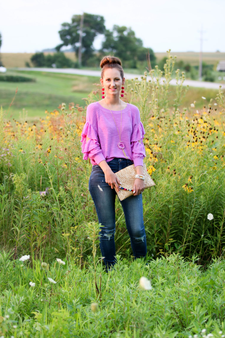 for the love of glitter, cut-out sweater, ruffle sweater, fall style, pom pom clutch