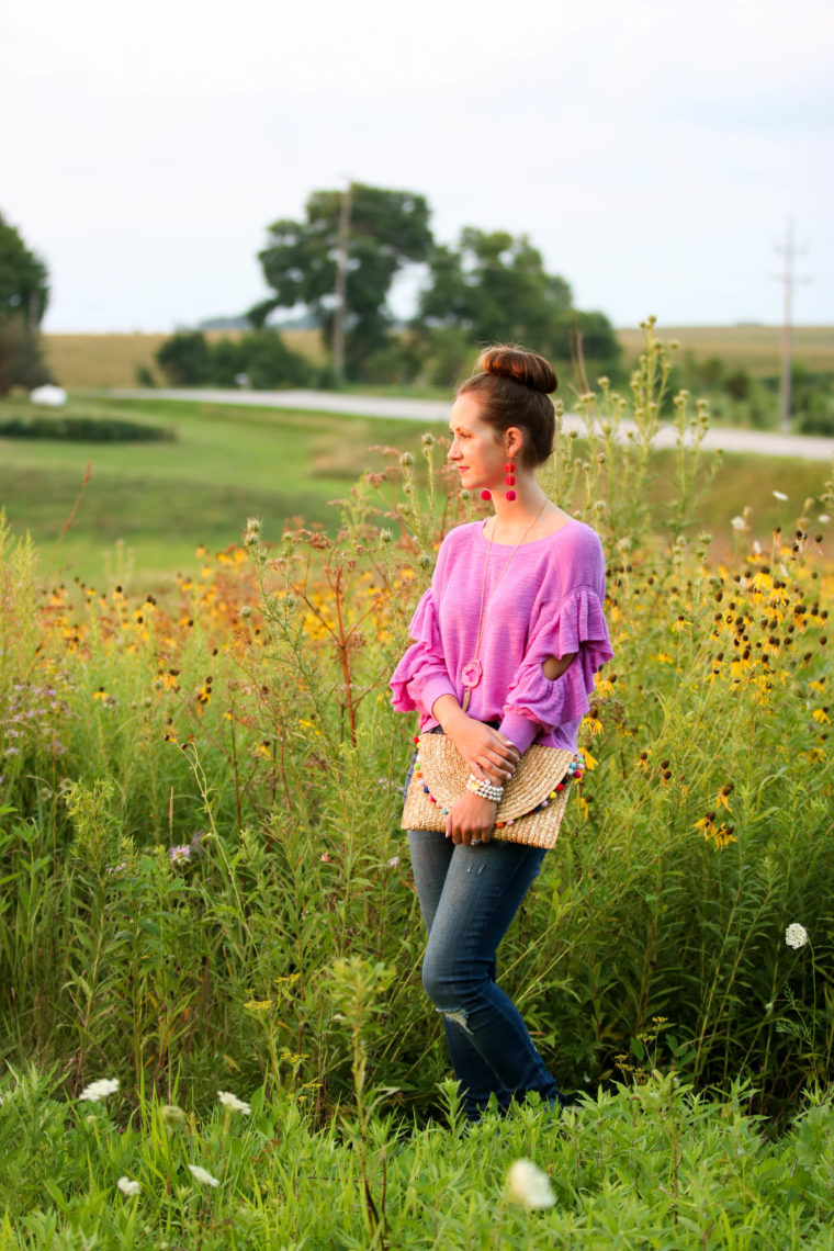 for the love of glitter, magenta sweater, pom pom clutch, fall sweater