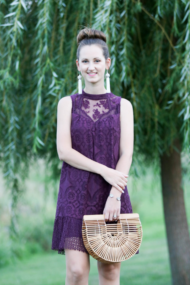for the love of glitter, lace dress, purple dress, summer style, bamboo bag, Cult Gaia bag