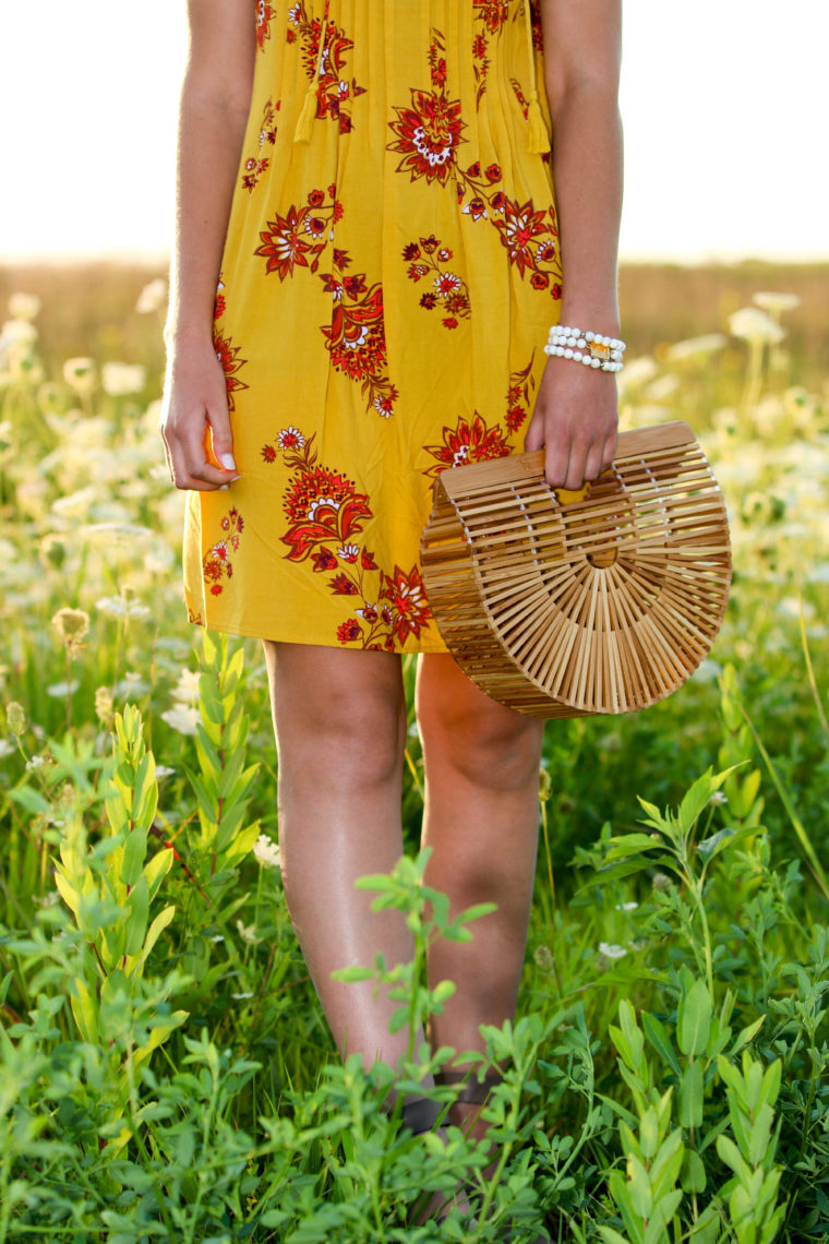 for the love of glitter. swing dress, Cult Gaia bag, bamboo bag, flower field