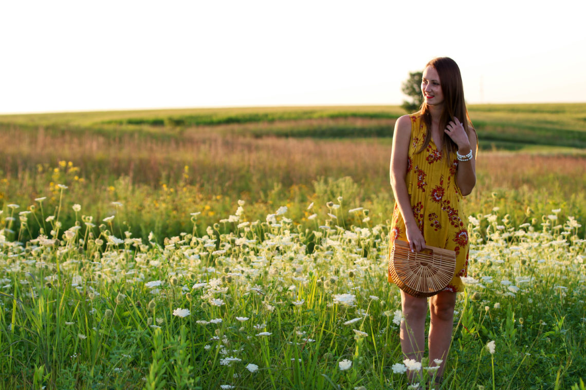 for the love of glitter, printed dress, wild flower field, summer style