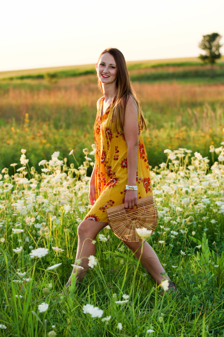 for the love of glitter, yellow dress, flower field, summer style, bamboo bag