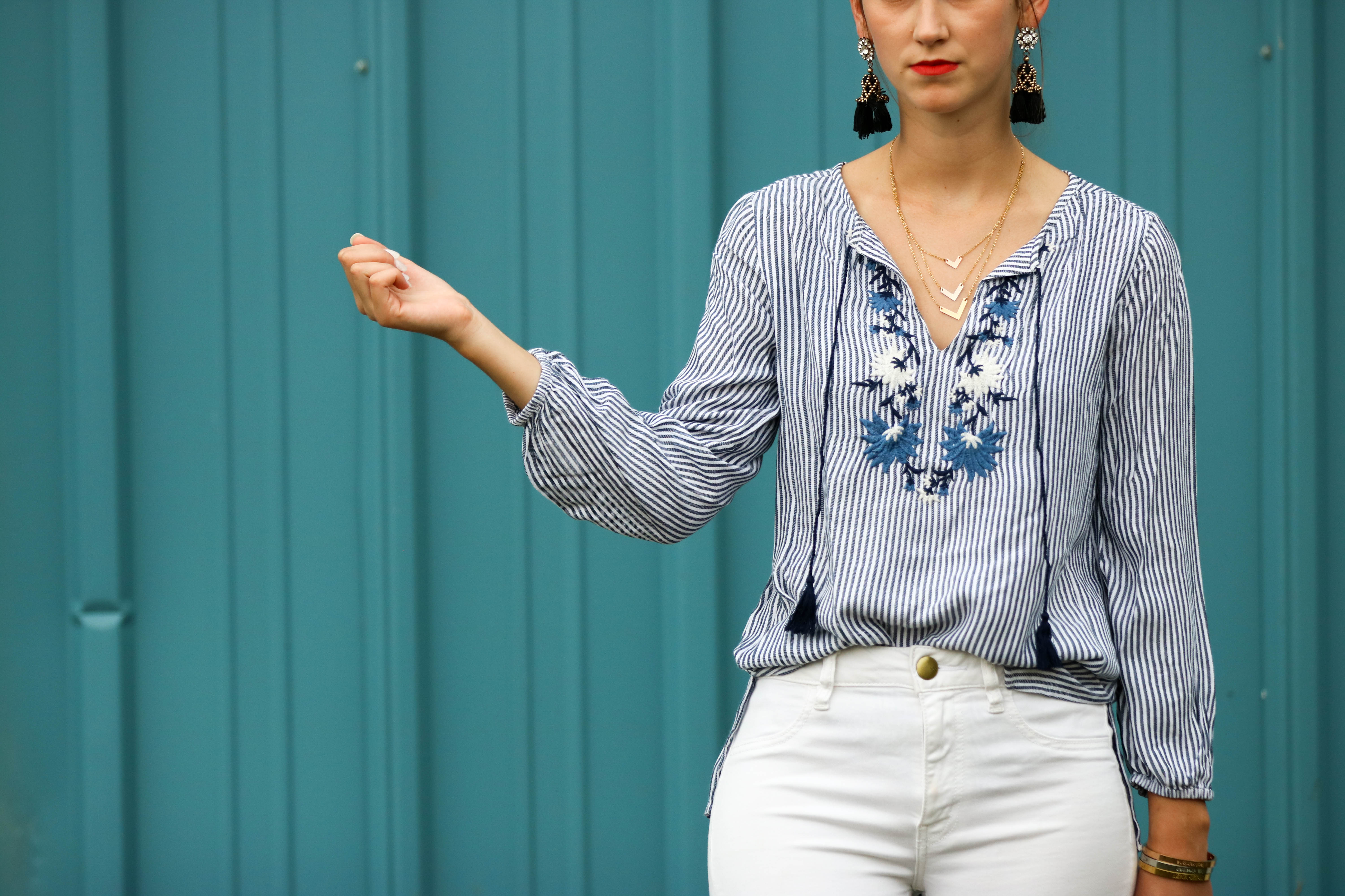 Fiesta Geometric Embroidered Tassel Tie V-Neck Blouse main image 0
