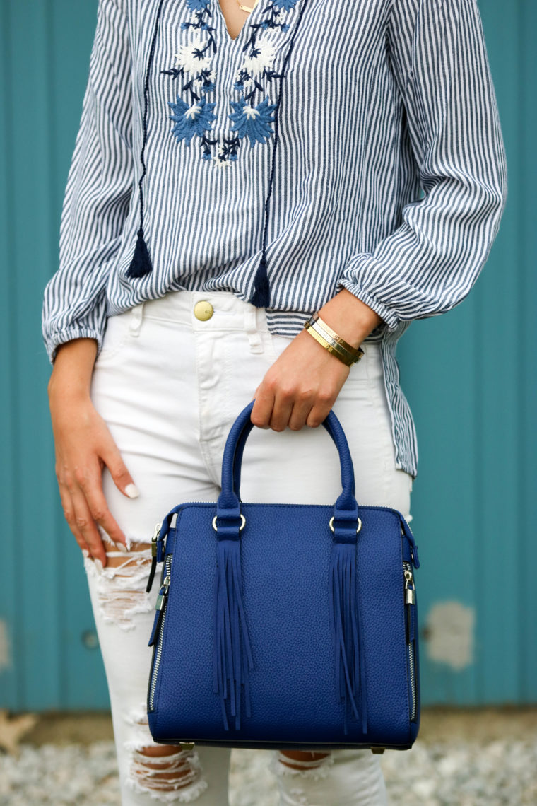 for the love of glitter. embroidered tunic, Oliver Bilou bag, women's fashion