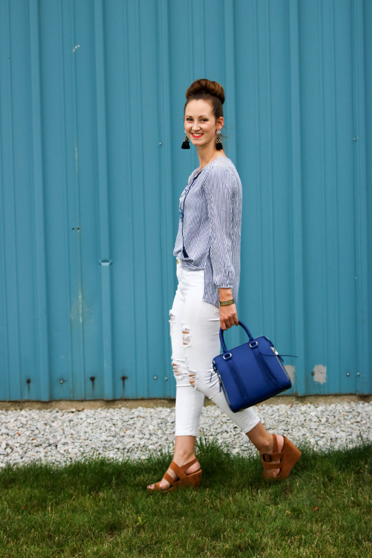 for the love of glitter, work attire, embroidered tunic, blue bag