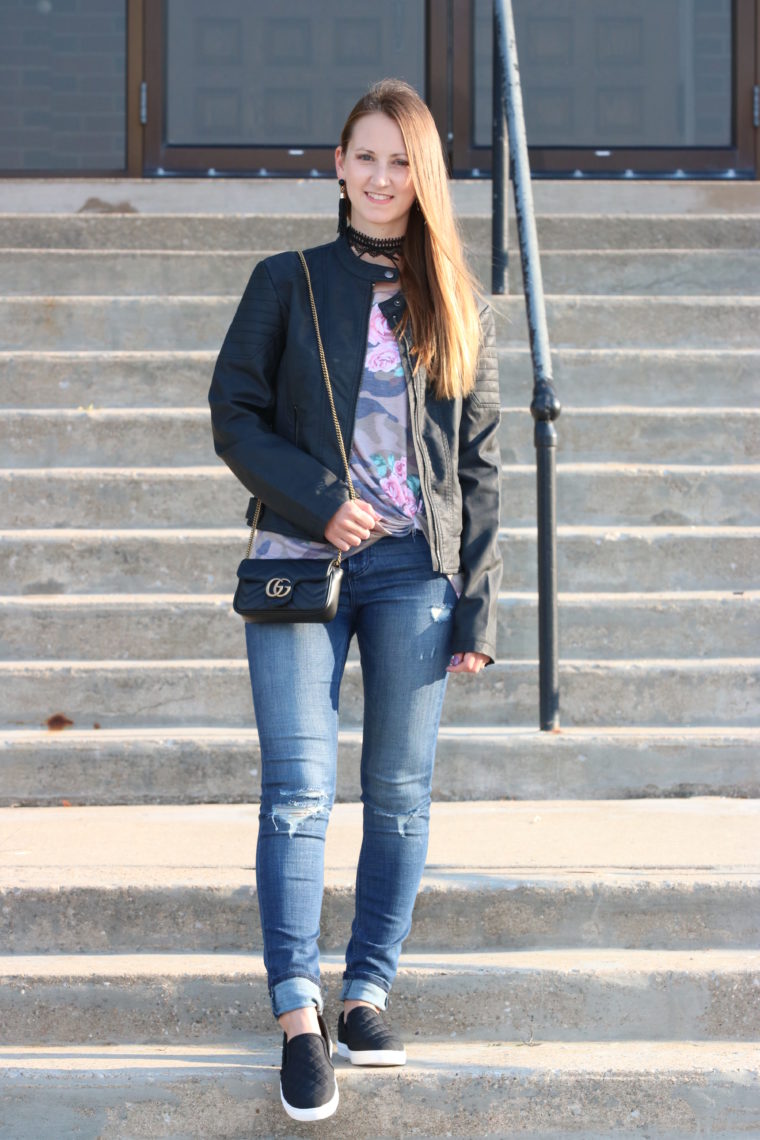 for the love of glitter, camo tee, leather jacket, fall fashion, Gucci bag