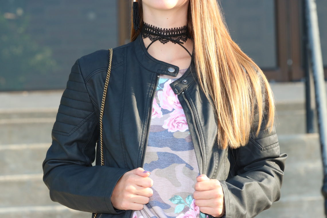 for the love of glitter, camo tee, lace choker, leather jacket, fall style