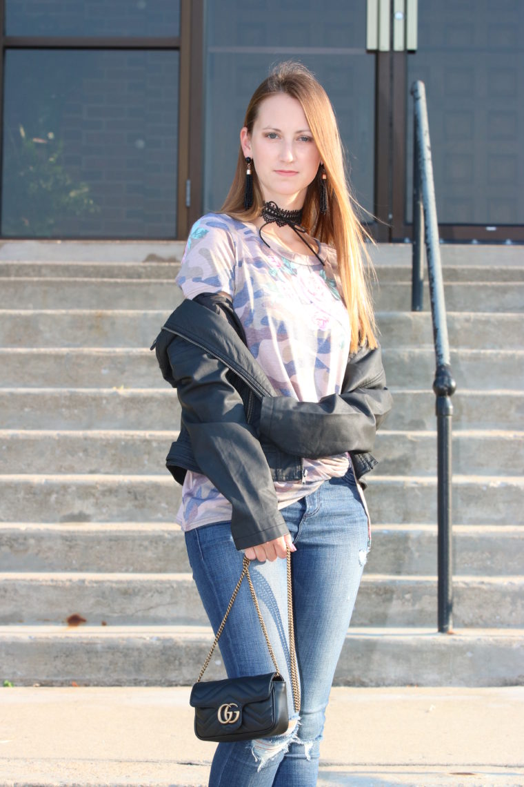 for the love of glitter, leather jacket, camo tee, Gucci bag, fall style, women's fashion