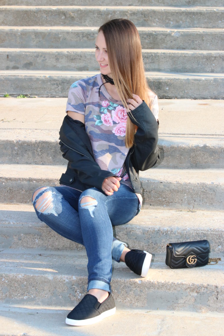 for the love of glitter, leather jacket, camo tee, Gucci bag, fall style, women's fashion