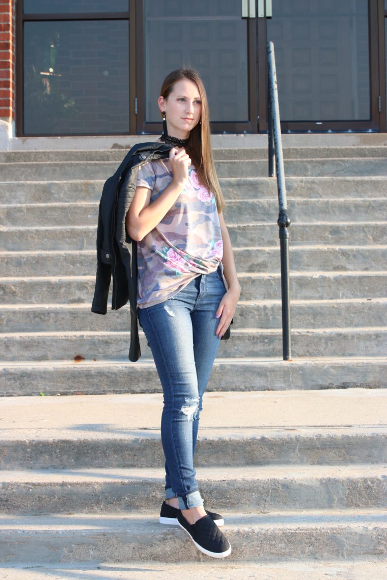 for the love of glitter, camo tee, leather jacket, fall style, women's fashion