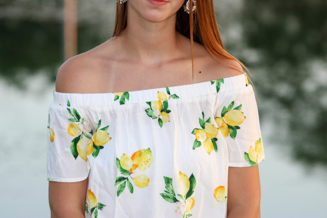 for the love of glitter, lemon top, off the shoulder top, summer style