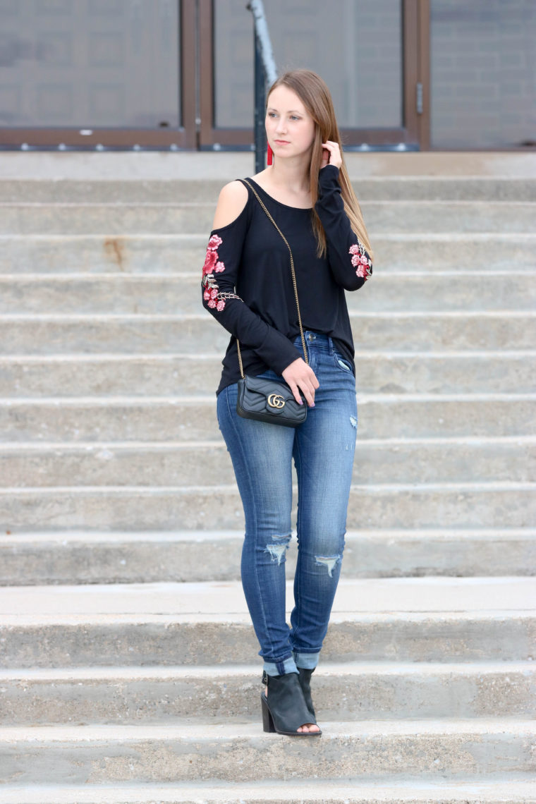 for the love of glitter, cold shoulder top, embroidered top, Gucci bag, fall style