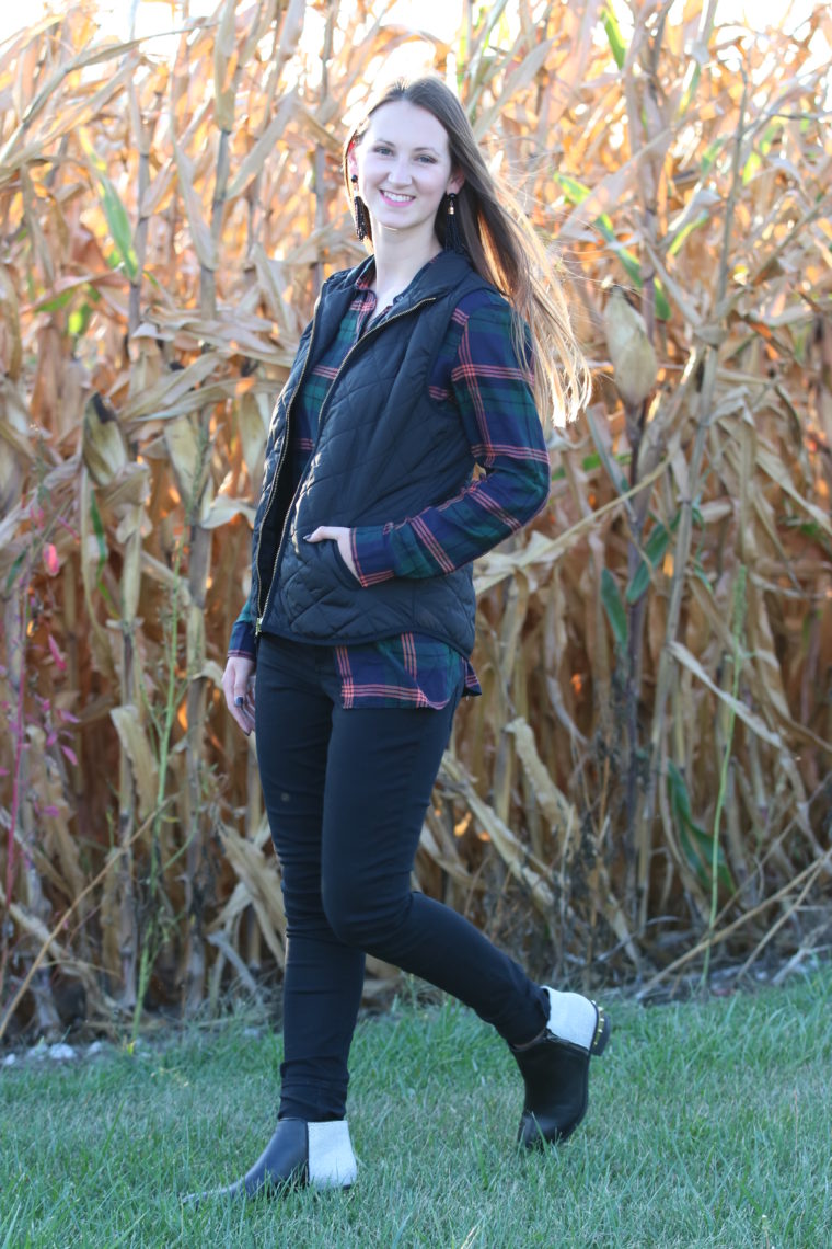 for the love of glitter, black vest, plaid top, plaid long sleeve, studded booties, fall style