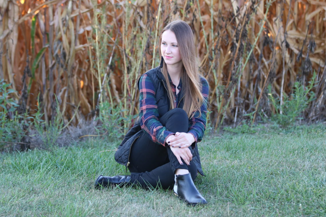 for the love of glitter, black vest, plaid long sleeve, spike booties, fall booties 2017