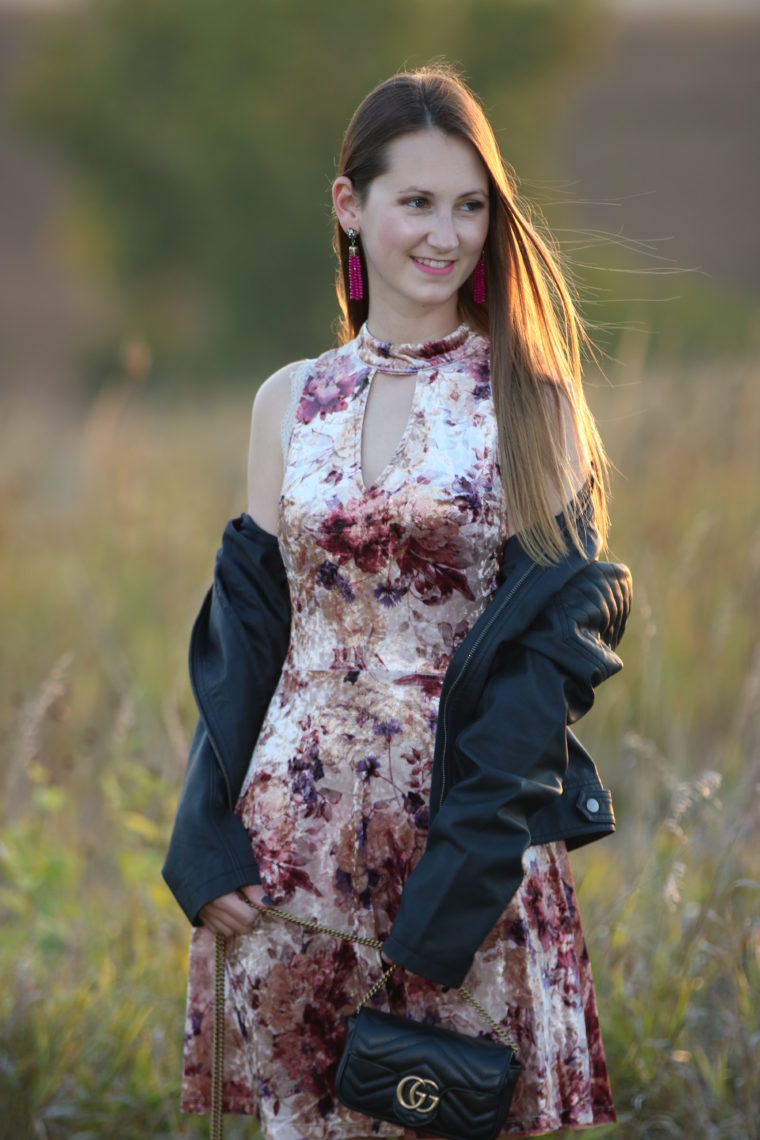 for the love of glitter, floral dress, velvet dress, black moto jacket, fall style, tassel earrings