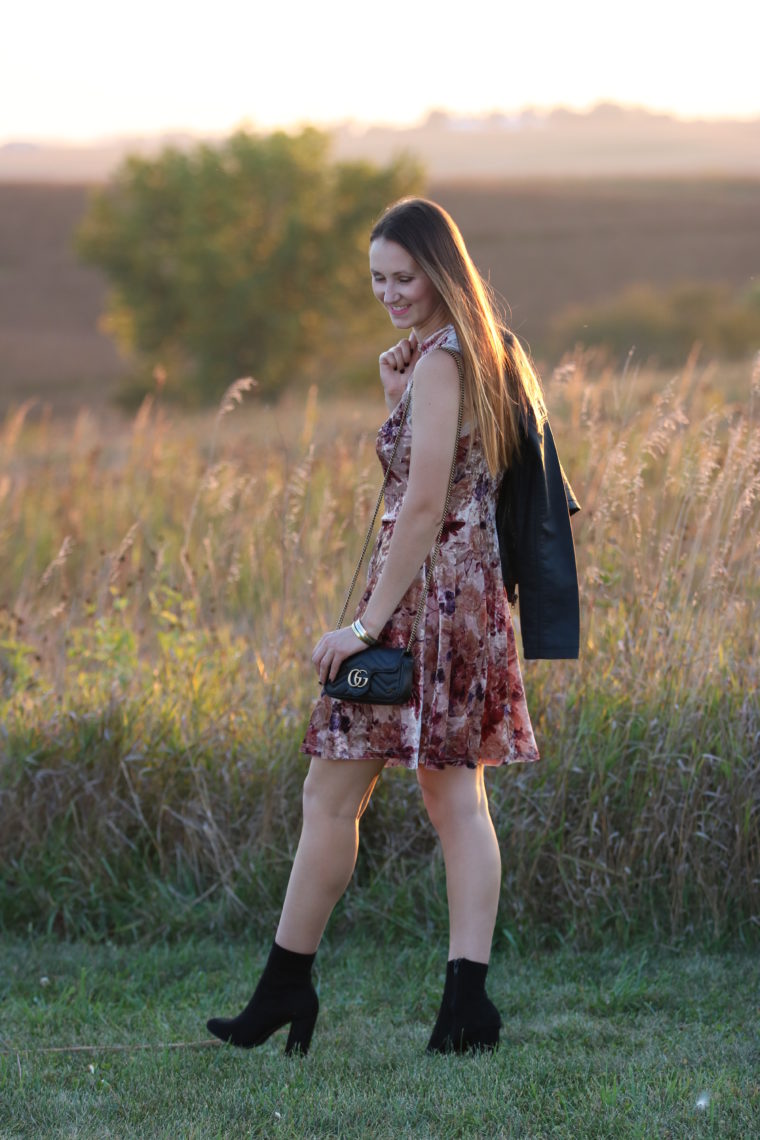 for the love of glitter, black sock booties, floral velvet dress, Gucci bag, fall style, women's fashion