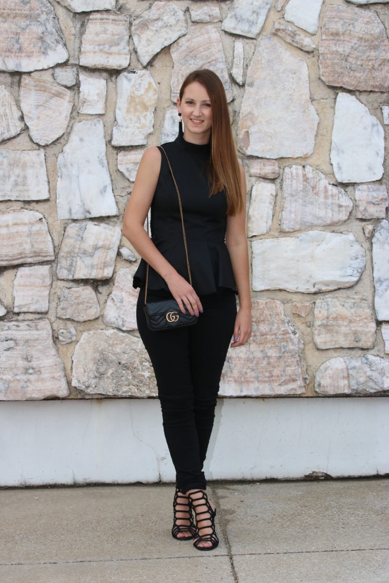 for the love of glitter, peplum top, date night look, black denim, Gucci jeans