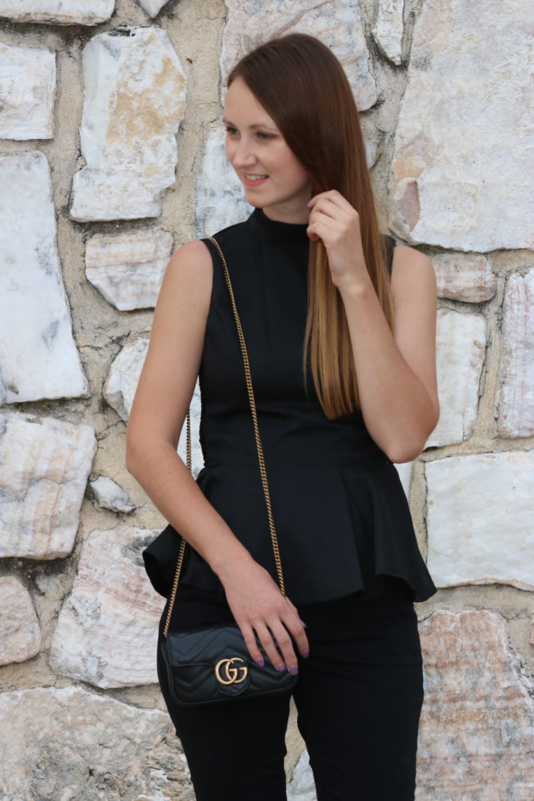 for the love of glitter, black peplum top, Gucci bag, black denim, date night look