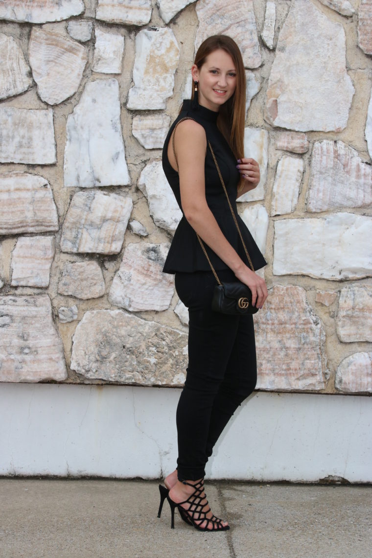 for the love of glitter, black outfit, date night look, peplum top