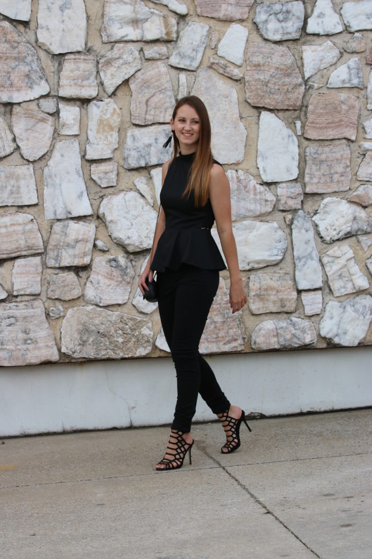 for the love of glitter, black outfit, date night look, peplum top, women's fashion
