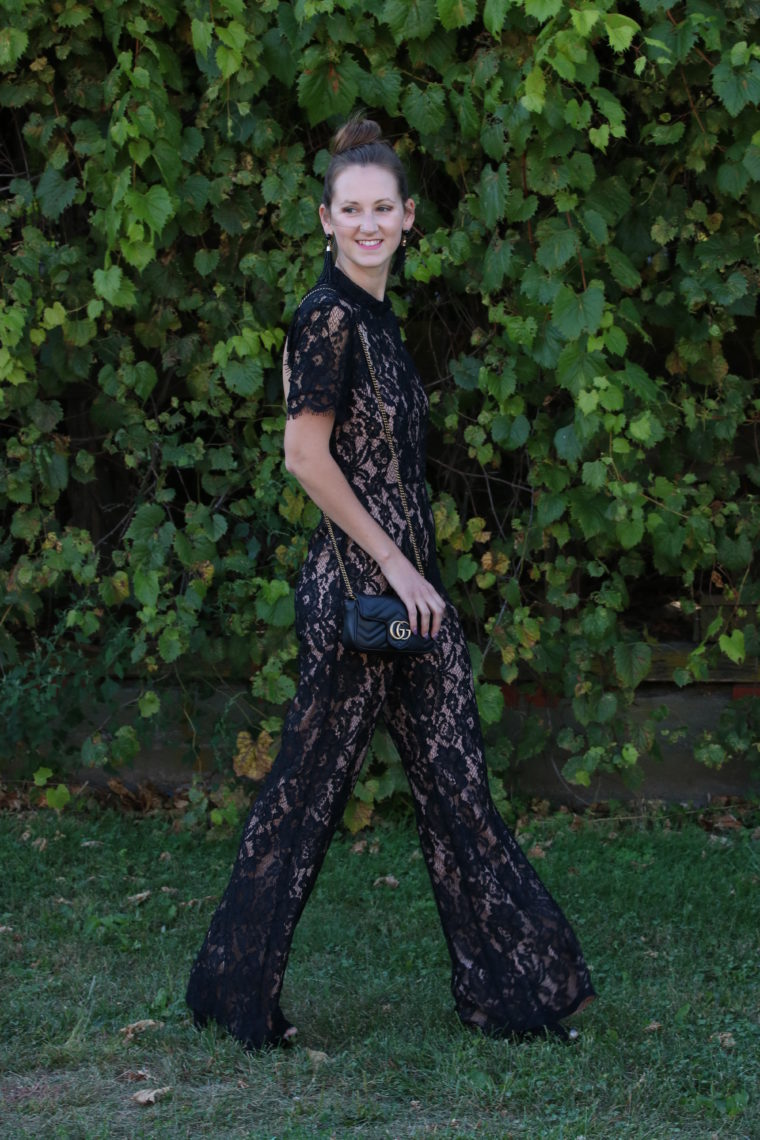 for the love of glitter, black lace jumpsuit, Gucci bag, date night look, women's fashion