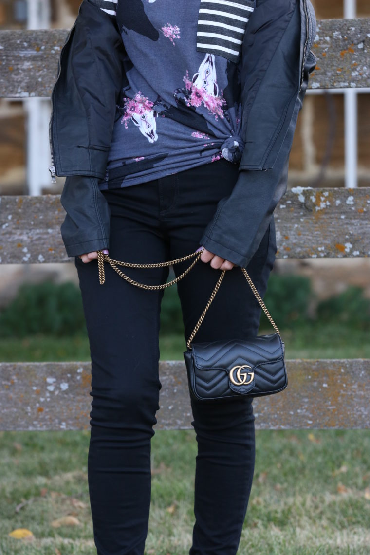 for the love of glitter, leather jacket, black jeans, Gucci bag, fall style