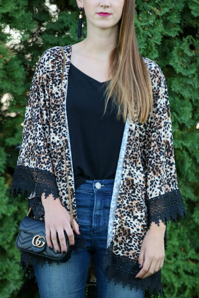 for the love of glitter, leopard kimono, lace trim, Gucci bag, fall style, women's fashion