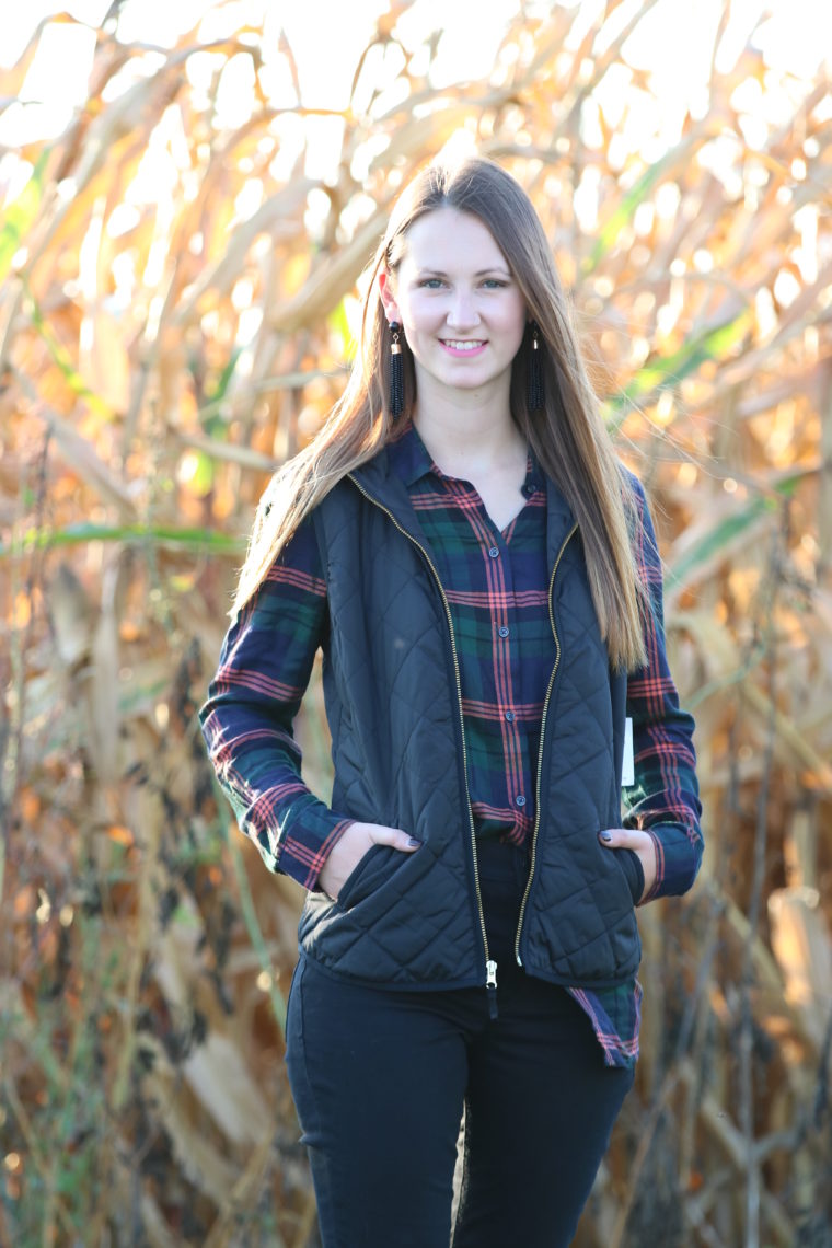 for the love of glitter, fall fashion, black vest, plaid long sleeve, black jeans