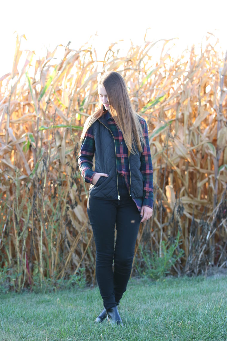 for t he love of glitter, black vest, plaid long sleeve. black jeans, fall style, women's fashion